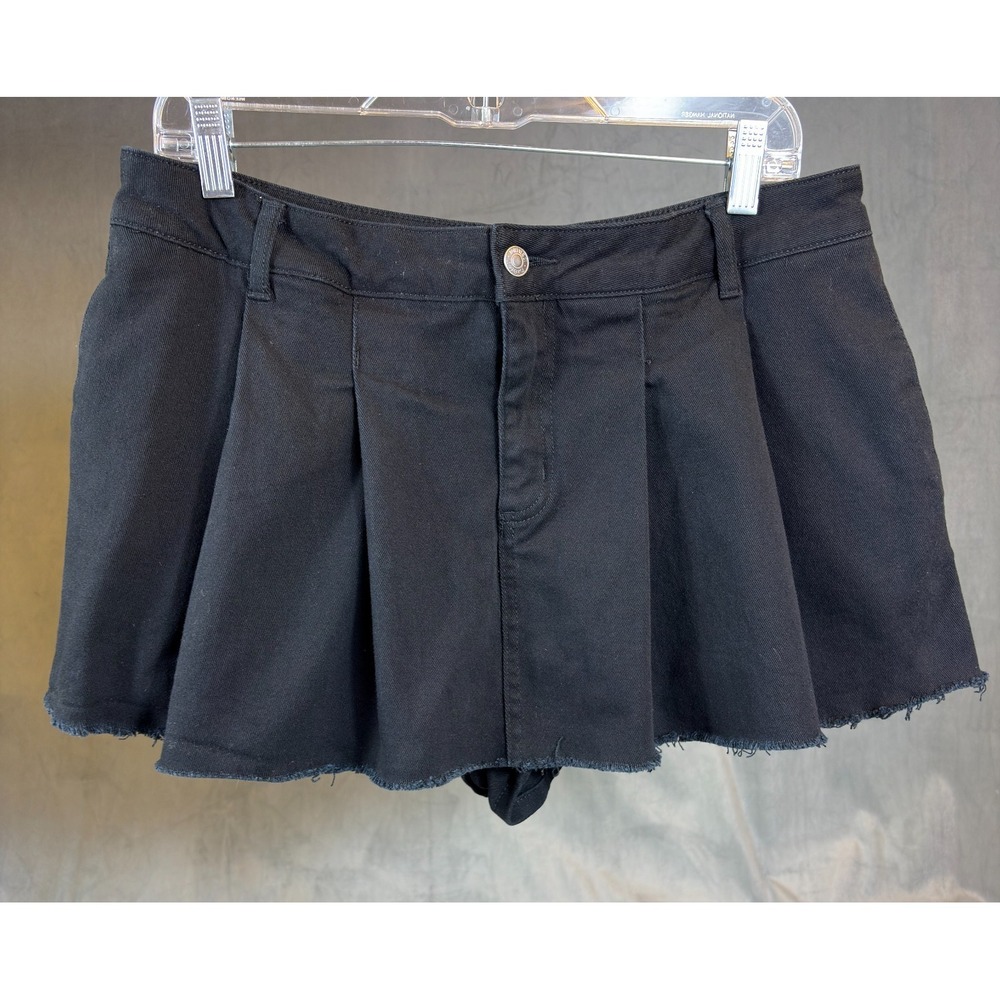 Y2K 90s Black Denim Micro Mini Skirt Skort Pleated Frayed Raw Hem Low Rise XL